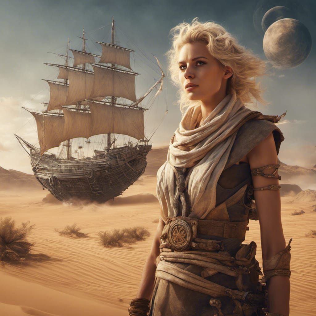 Fantasy Archeologist Awaits Wind Rigger Ship on Alien Desert