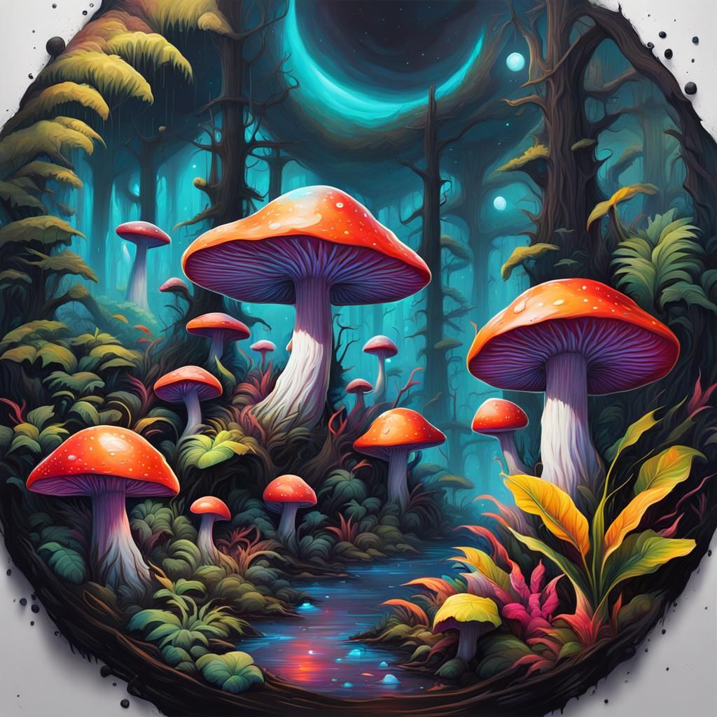 Alien Jungle with Luminous Mushrooms in Graffiti Art