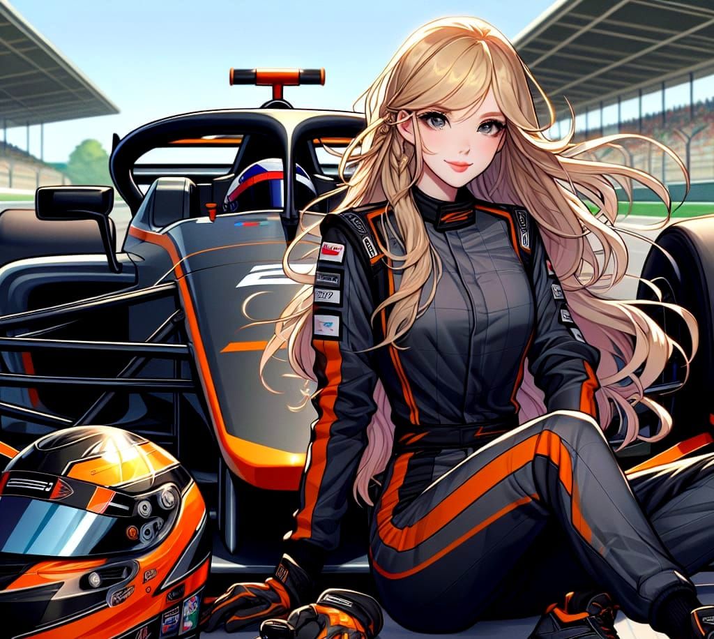 Female Racer Poses in Anime Style on Racetrack