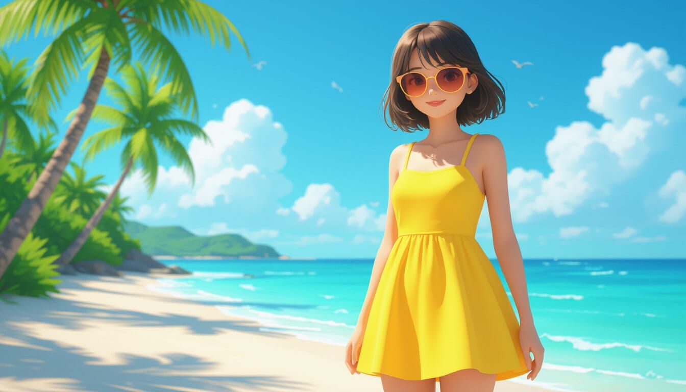 Anime Girl on Sunny Beach, Pixar-Ghibli Style