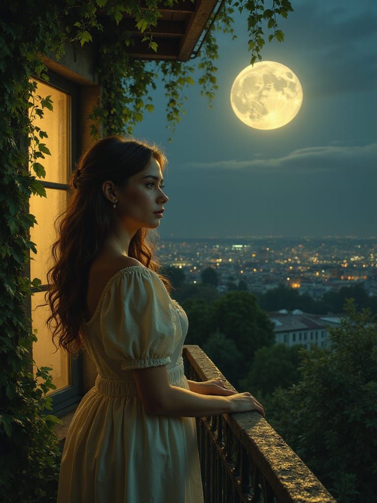 Romantic Juliet Gazing Out at the Moonlit Cityscape