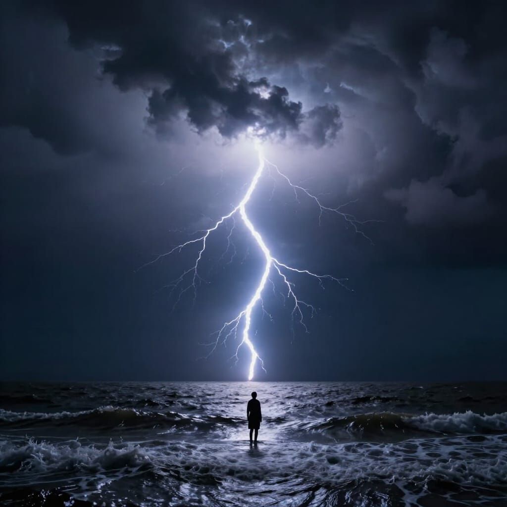 Lightning Bolt Strikes Stormy Seas, Illuminating Solitary Fi...