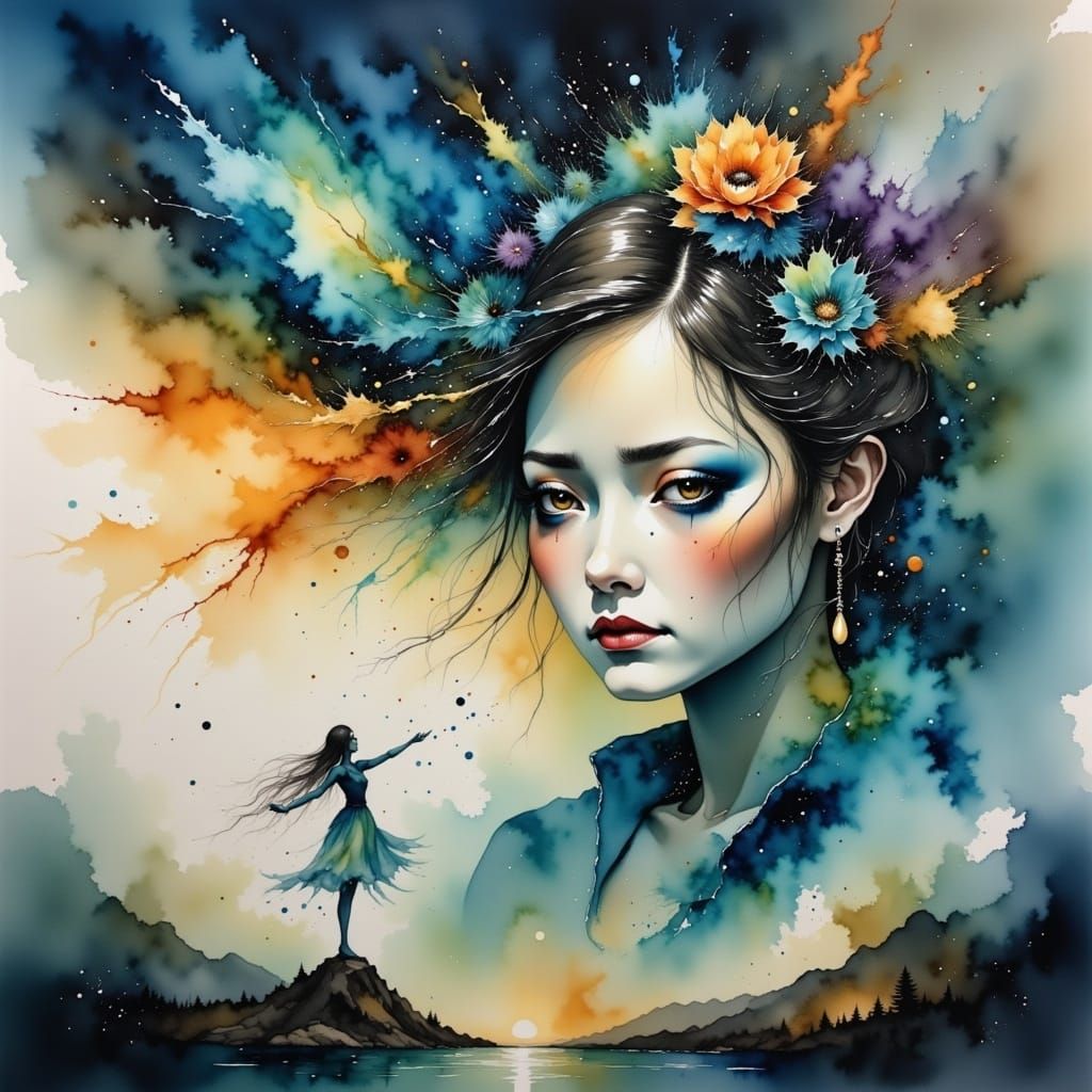 Sad Girl Watching Dreams Float Away: Water-Ink Style