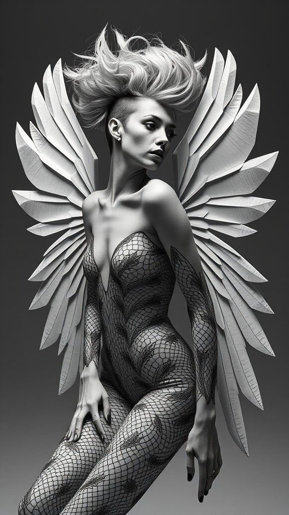 Geometric Winged Model in Dada-Inspired Fashion Photography