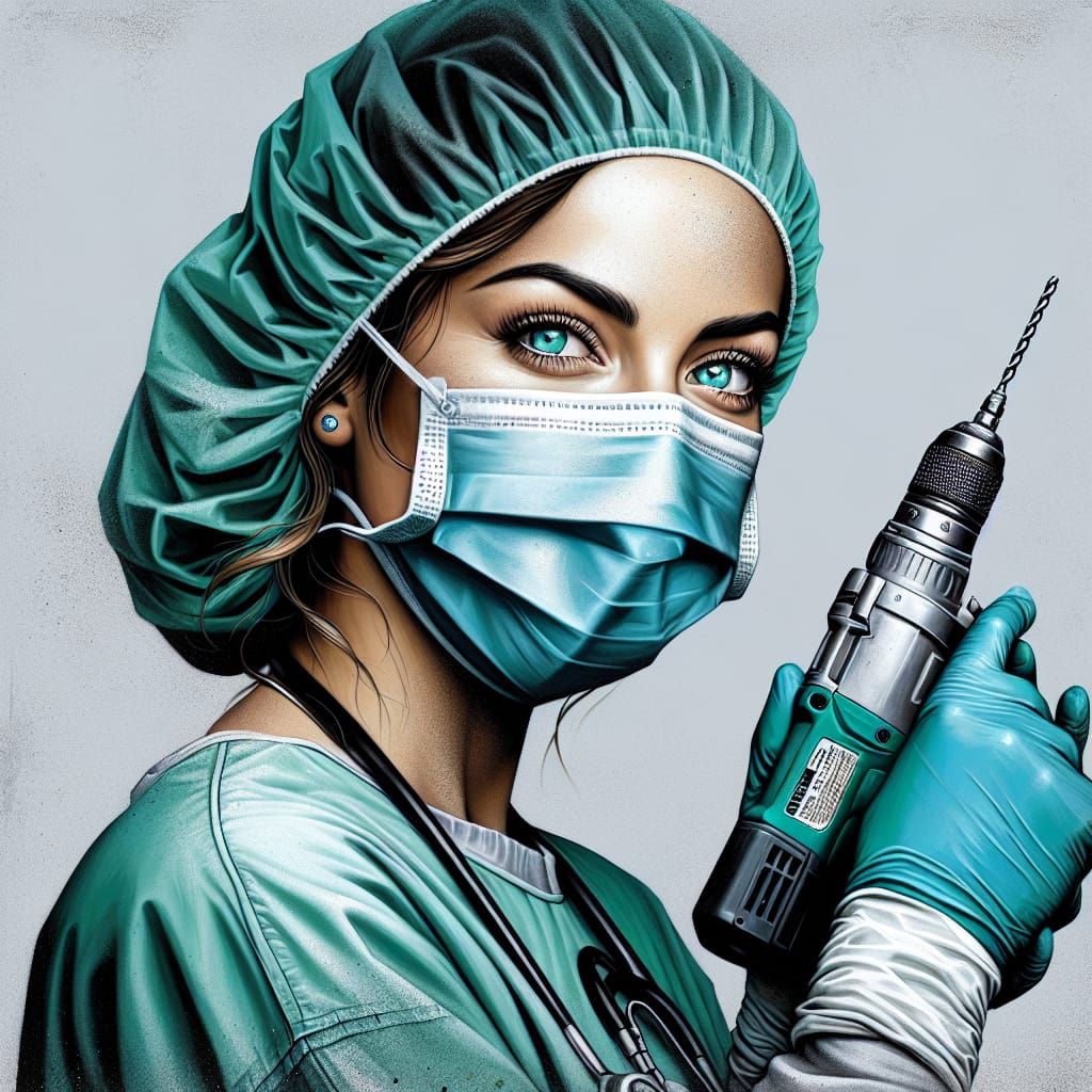 Hispanic Surgeon with Drill in Street Art Style