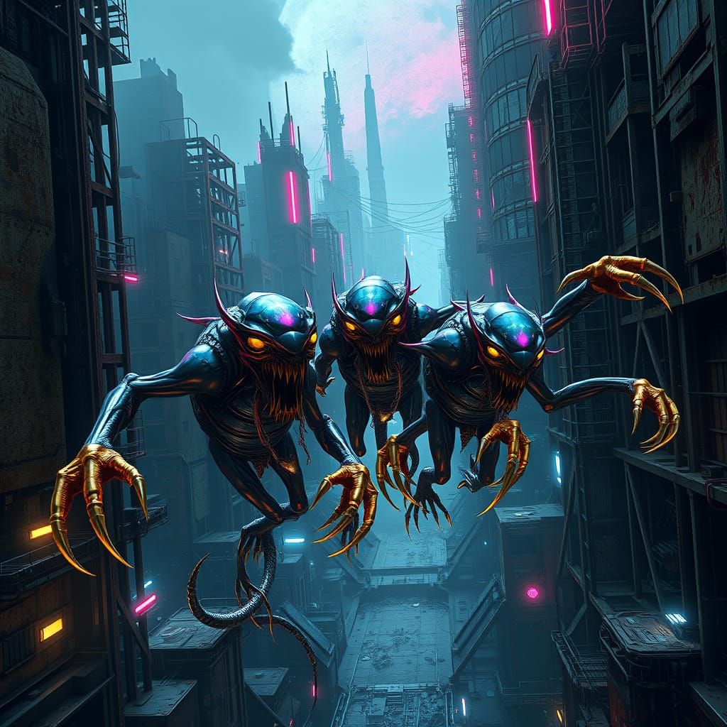 Cyberpunk Alien Invasion in a Dystopian Metropolis
