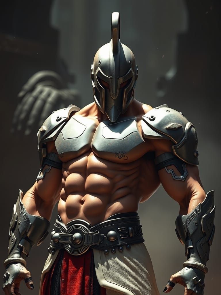Muscled Cyborg Warrior in Ancient Arena