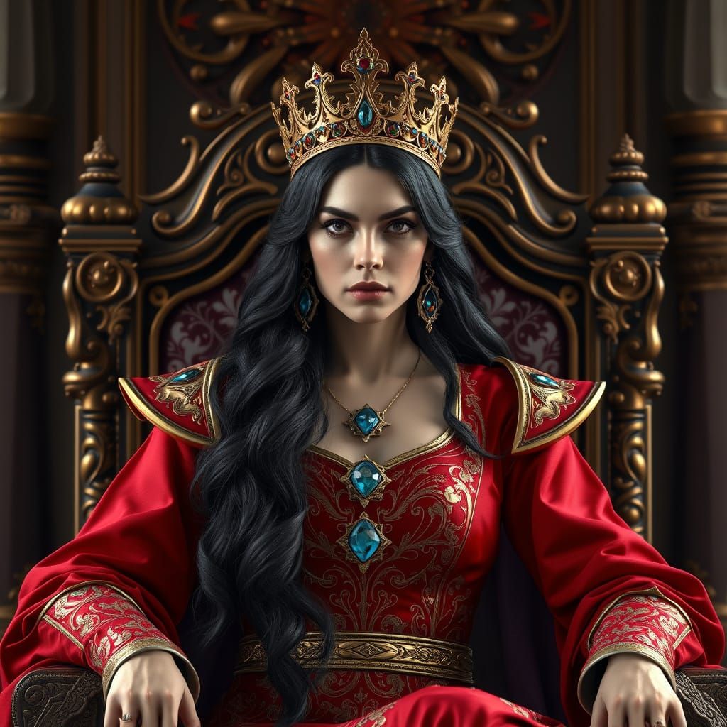 Regal Fantasy Woman in Luxurious Red Attire, Gold Crown, and...