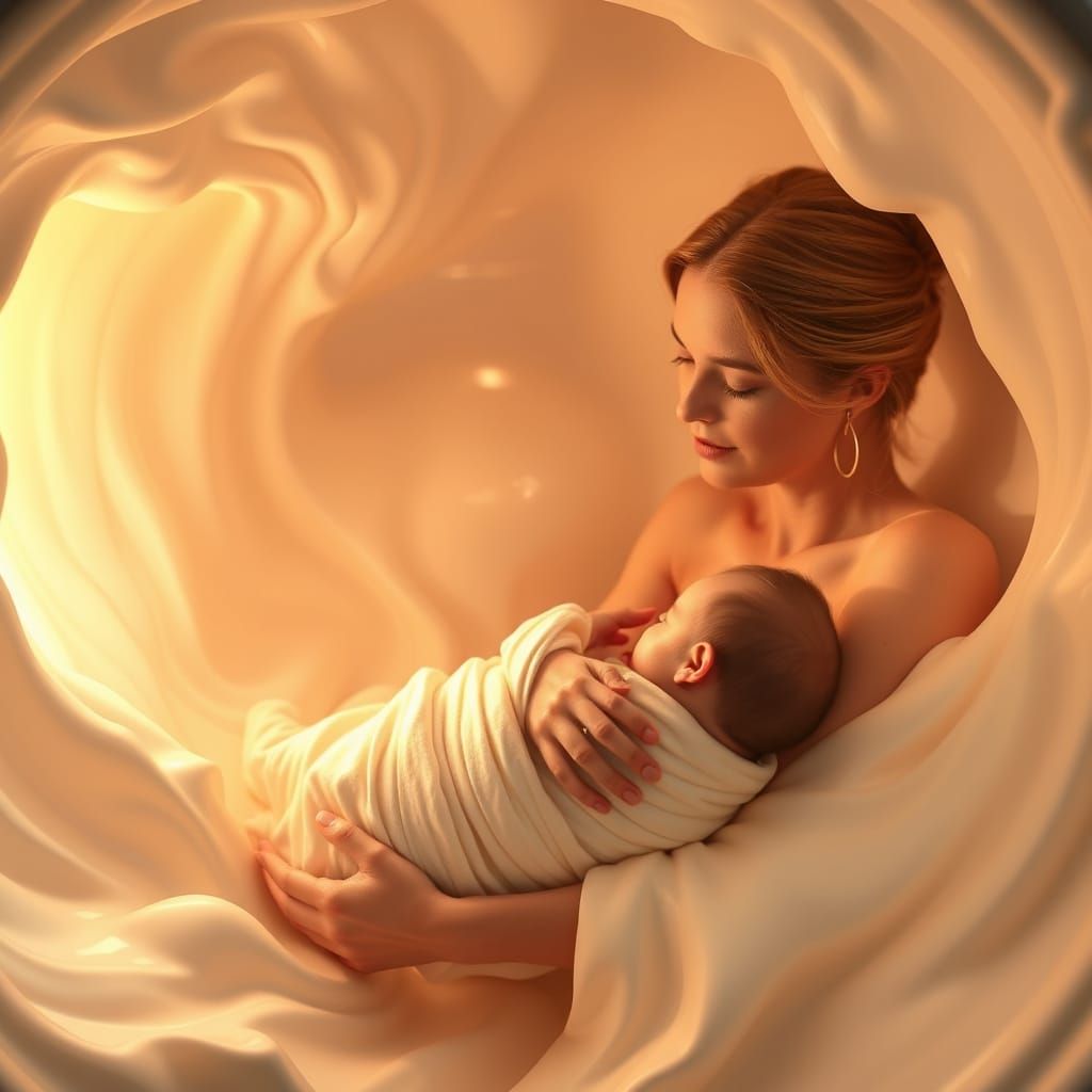 Serene Mother and Child in a Dreamlike Yogurt Realm