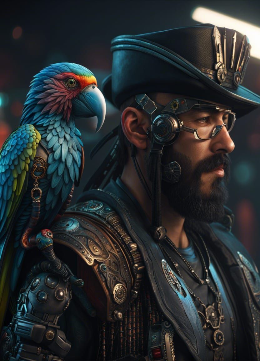 Cyberpunk Pirate with Robot Parrot in Space