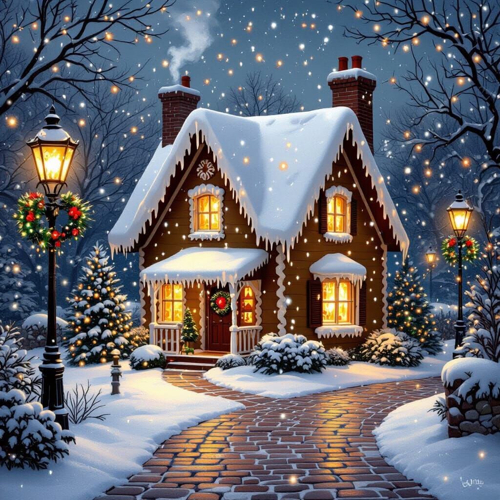 Cozy Winter Gingerbread House in Illustrative Style