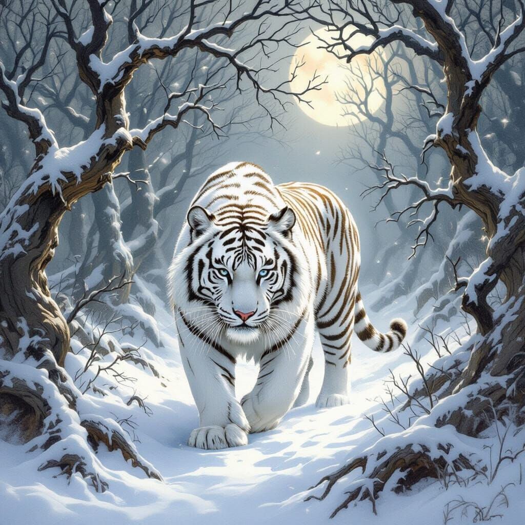 White Tiger Prowls Mystical Snow Forest
