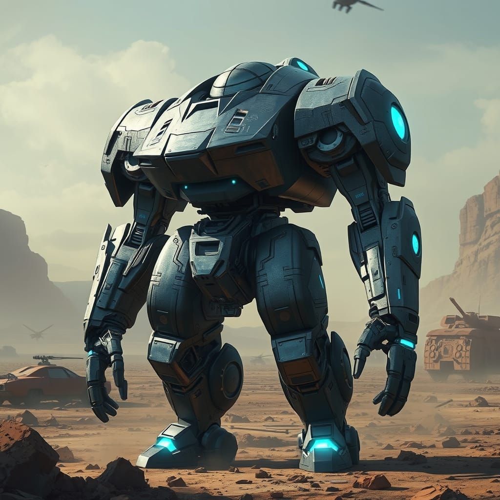 Heroic Mech Suit in War-Torn Landscape