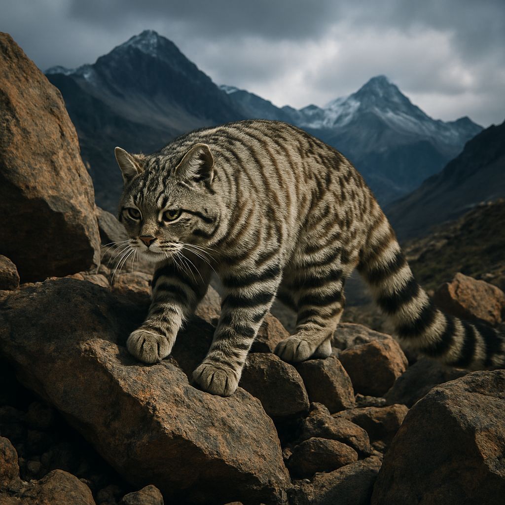 Andean Cat Climbing Rocks in High Andes Mountains