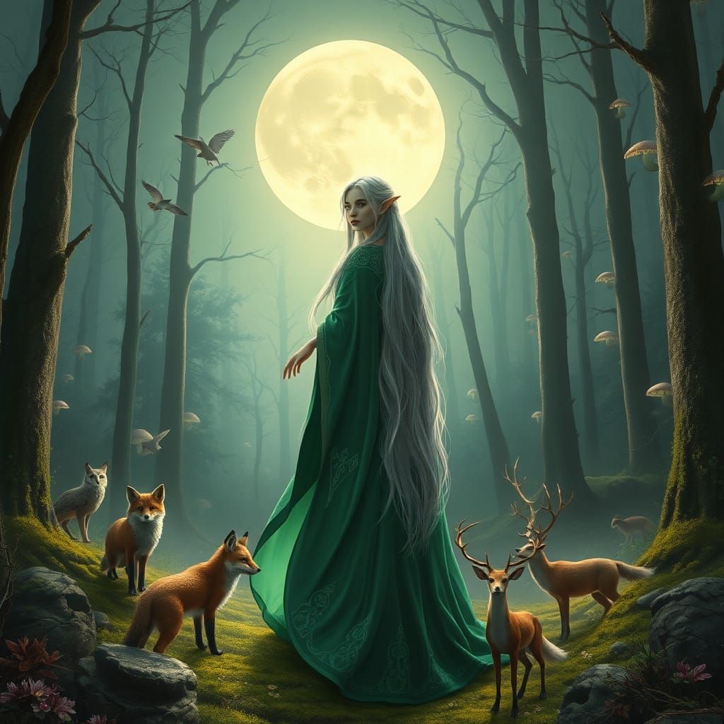 Mystical Elf in Moonlit Forest, Fantasy Concept Art