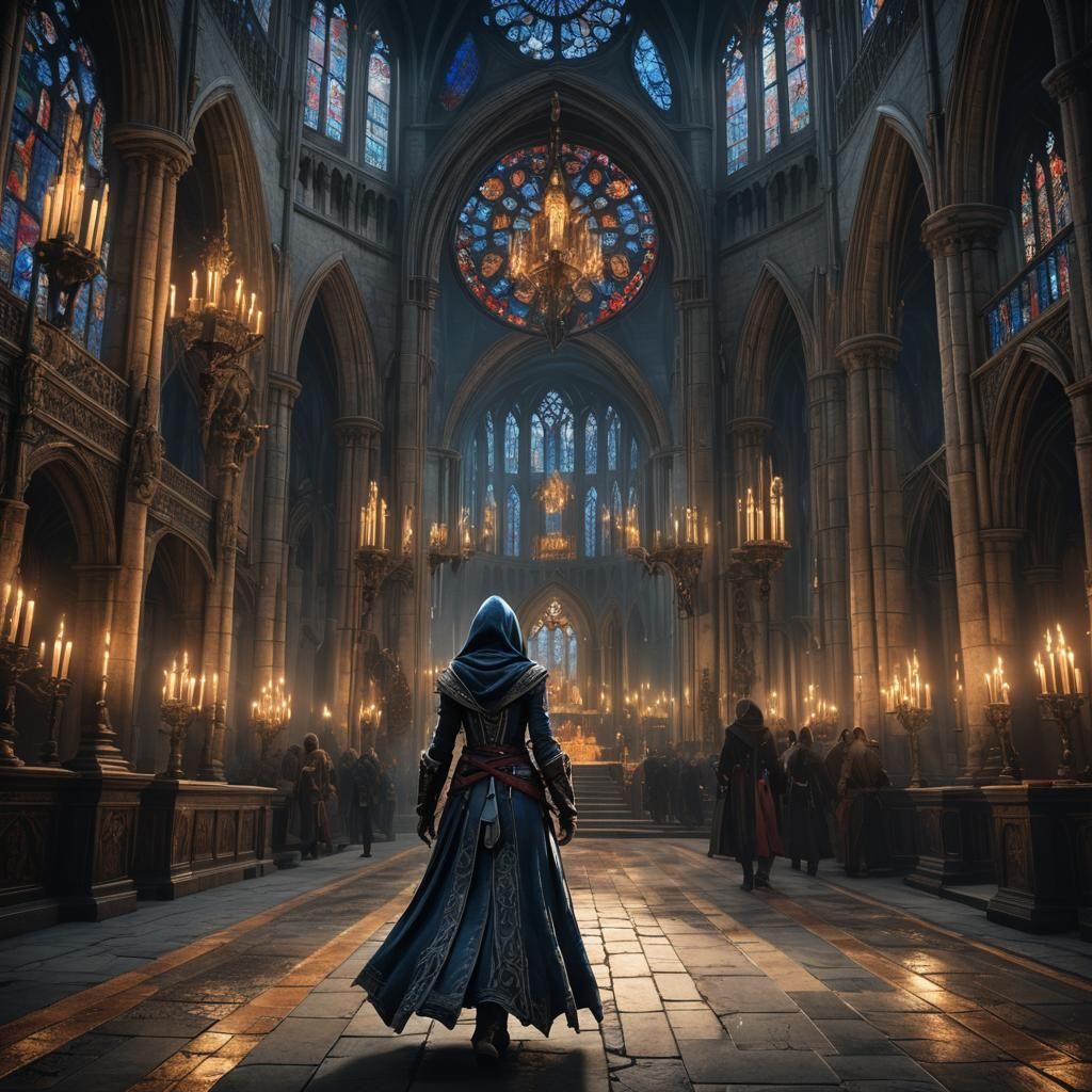 Gothic Cathedral Scene with Assassin's Creed Character