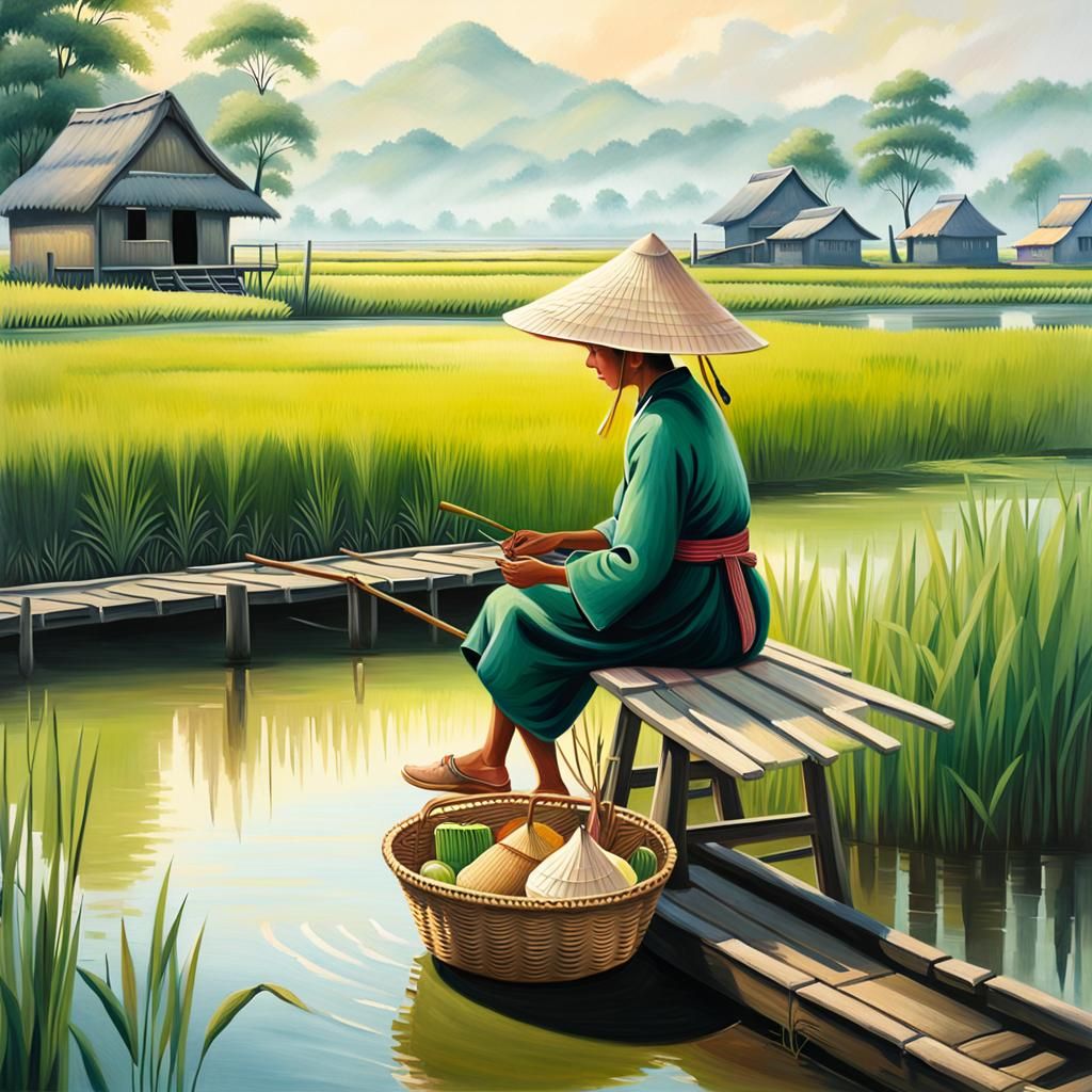 Create an image featuring a serene rural landscape with a tr...