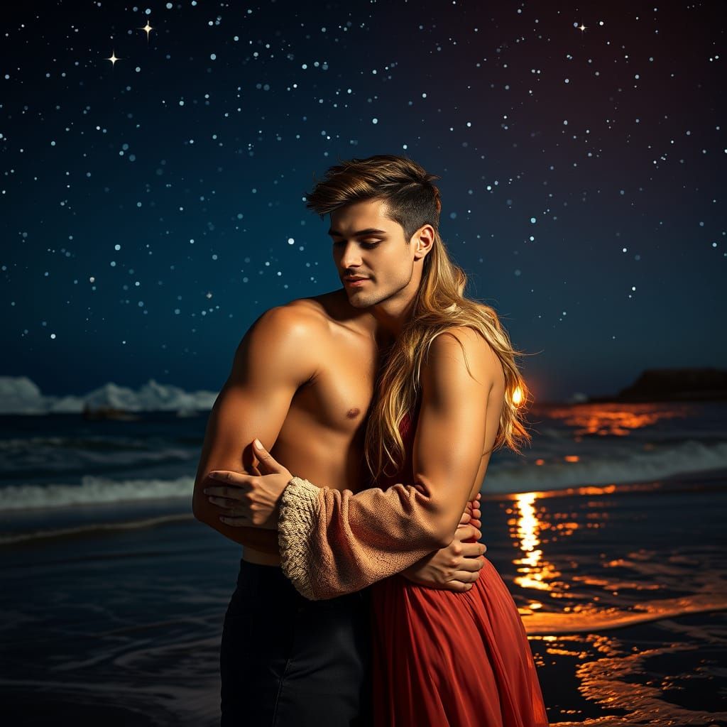 Couple Embracing Under Polar Lights in a Romantic Beach Scen...