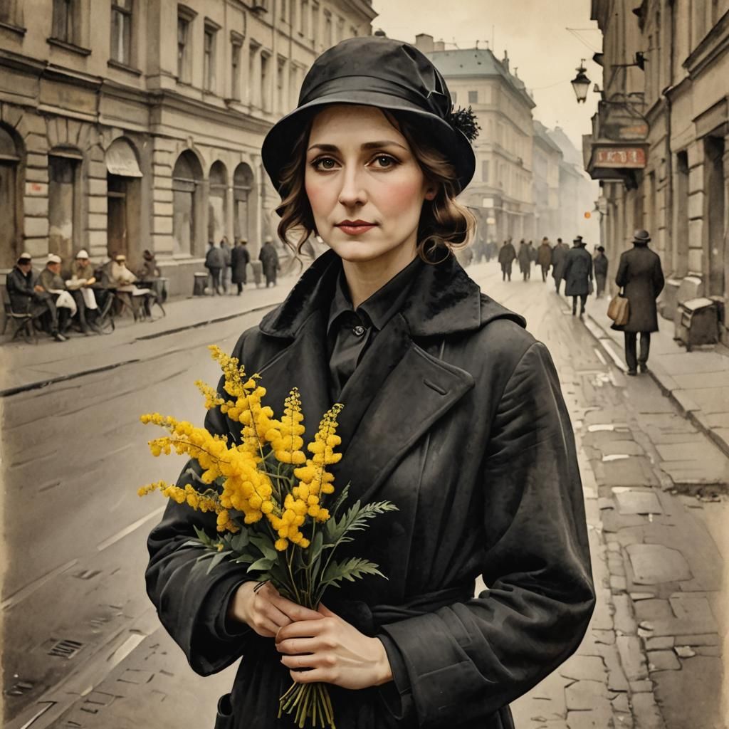 Melancholy Woman with Mimosa Flowers, Watercolor Art