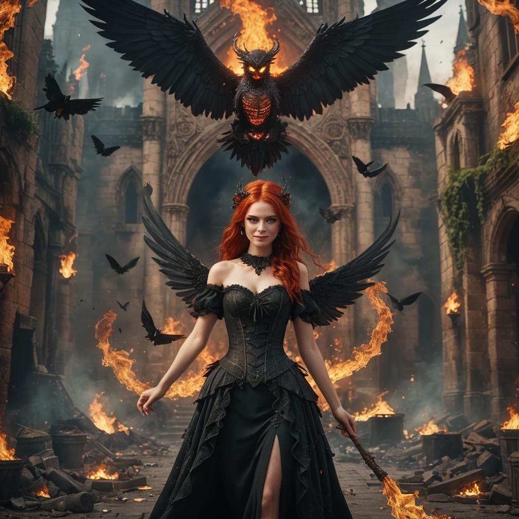 Fiery Gothic Angel with a Black Corset Dress