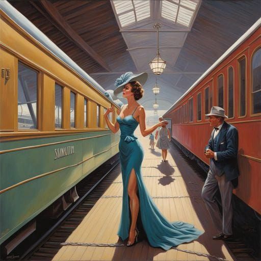 Elegant Woman at Train Depot, Historical Painting Style