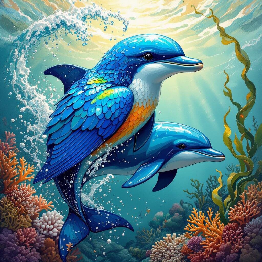 Iridescent Bird-Dolphin Hybrid in an Ocean Scene