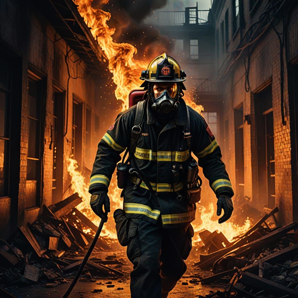 Firefighter Rushes Burning Building in Dramatic Digital Art