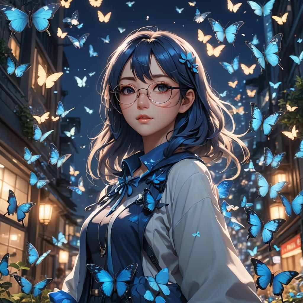 Anime Girl with Blue Butterflies at Night