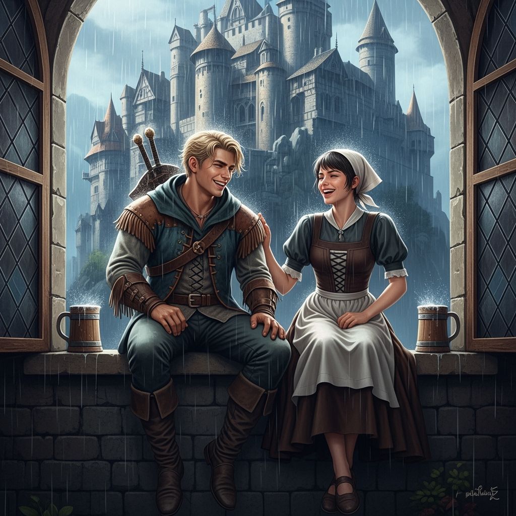 Medieval Couple Laughing in Castle Rain