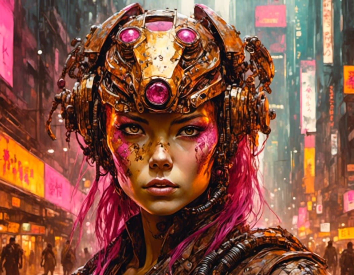 Cyberpunk Gynoid-Raptor Warrior with Ruby Eyes