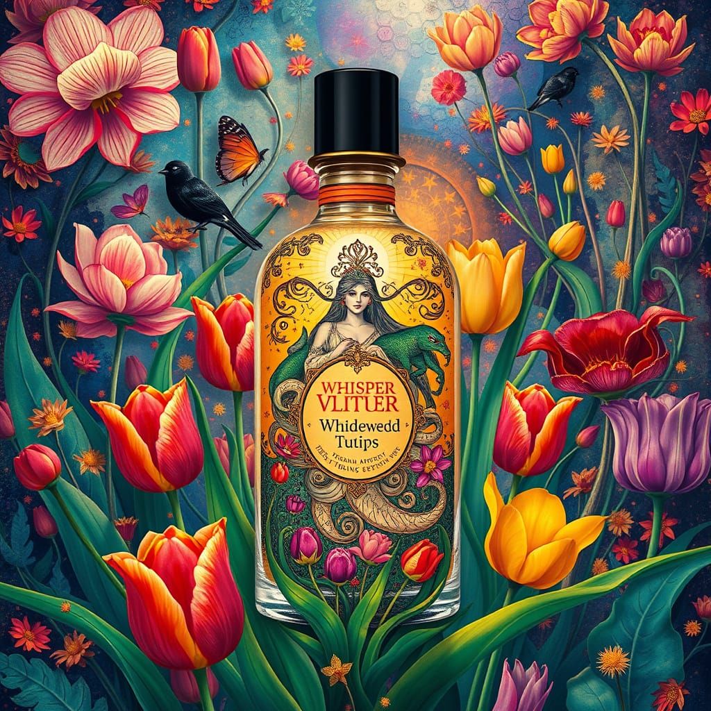 Surrealistic Fantasy Perfume Bottle in Klimt-Inspired Style