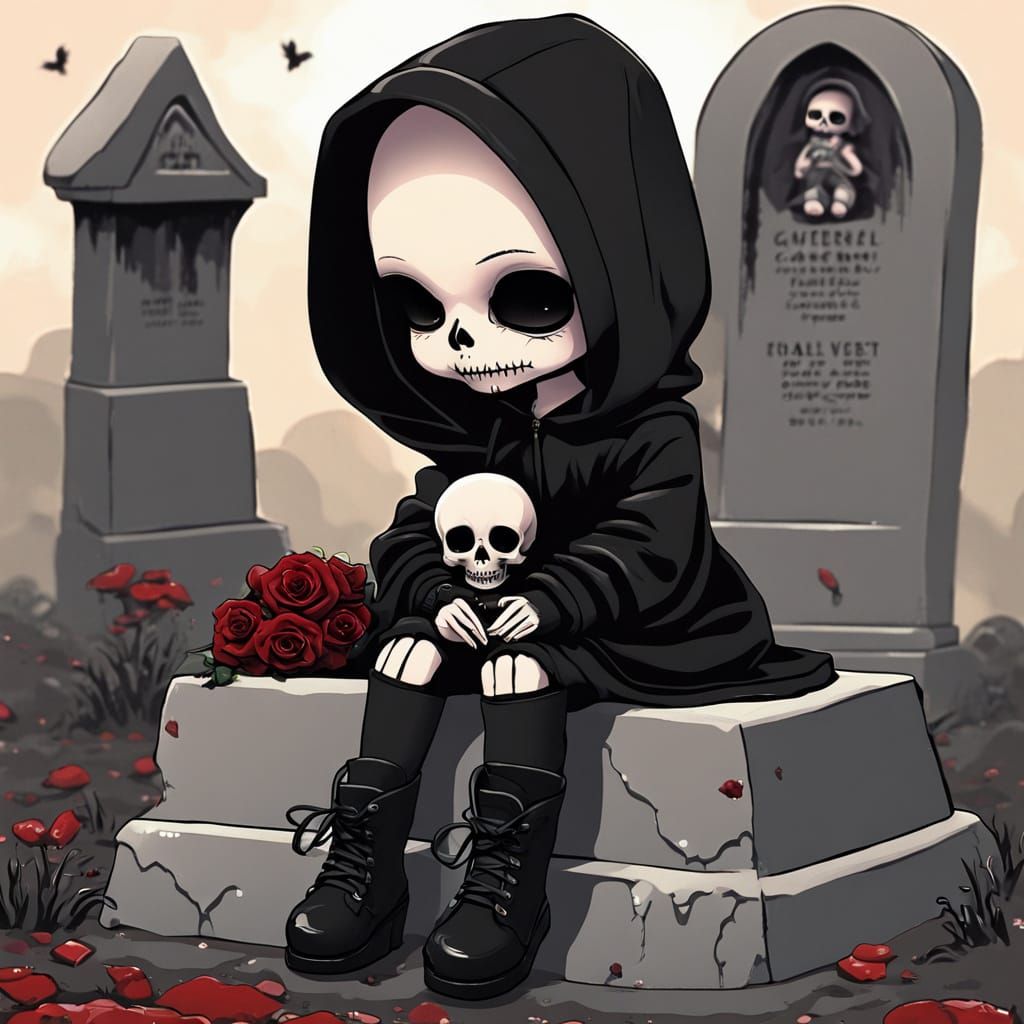 Chibi Skull Doll in Graveyard with Rose