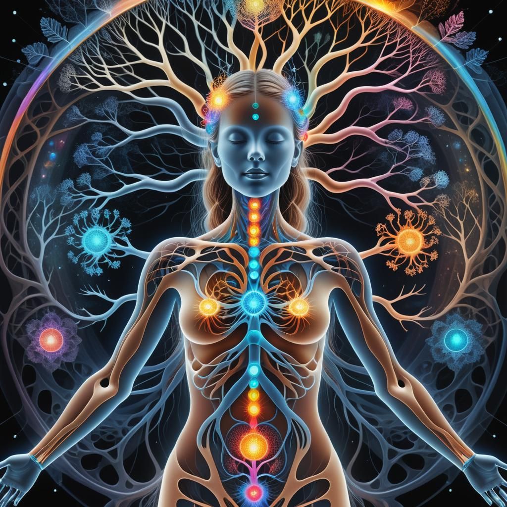 Psychedelic X-Ray of Woman with Universe Background