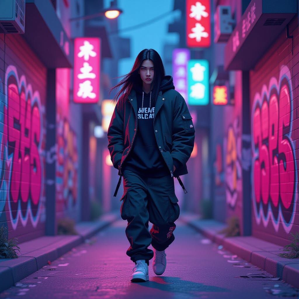 South Korean Rapper in Neon Alleyway: Anime Style