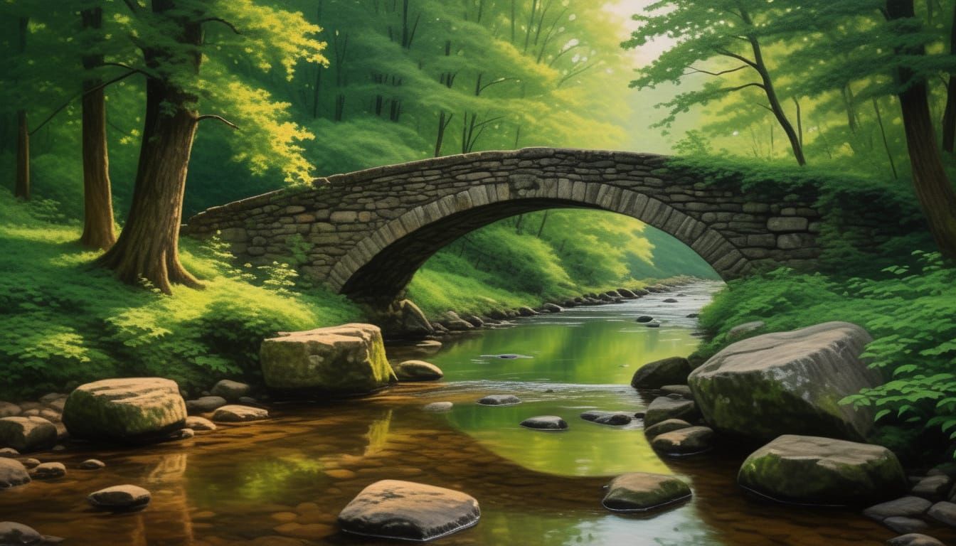 Stone Bridge in Forest: Romantic Landscape Painting