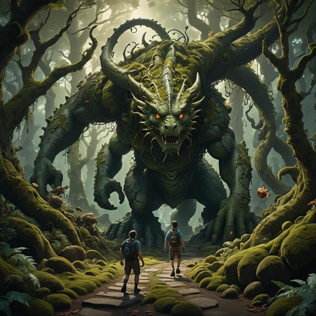 Cyclops in Bioluminescent Forest with Dragons