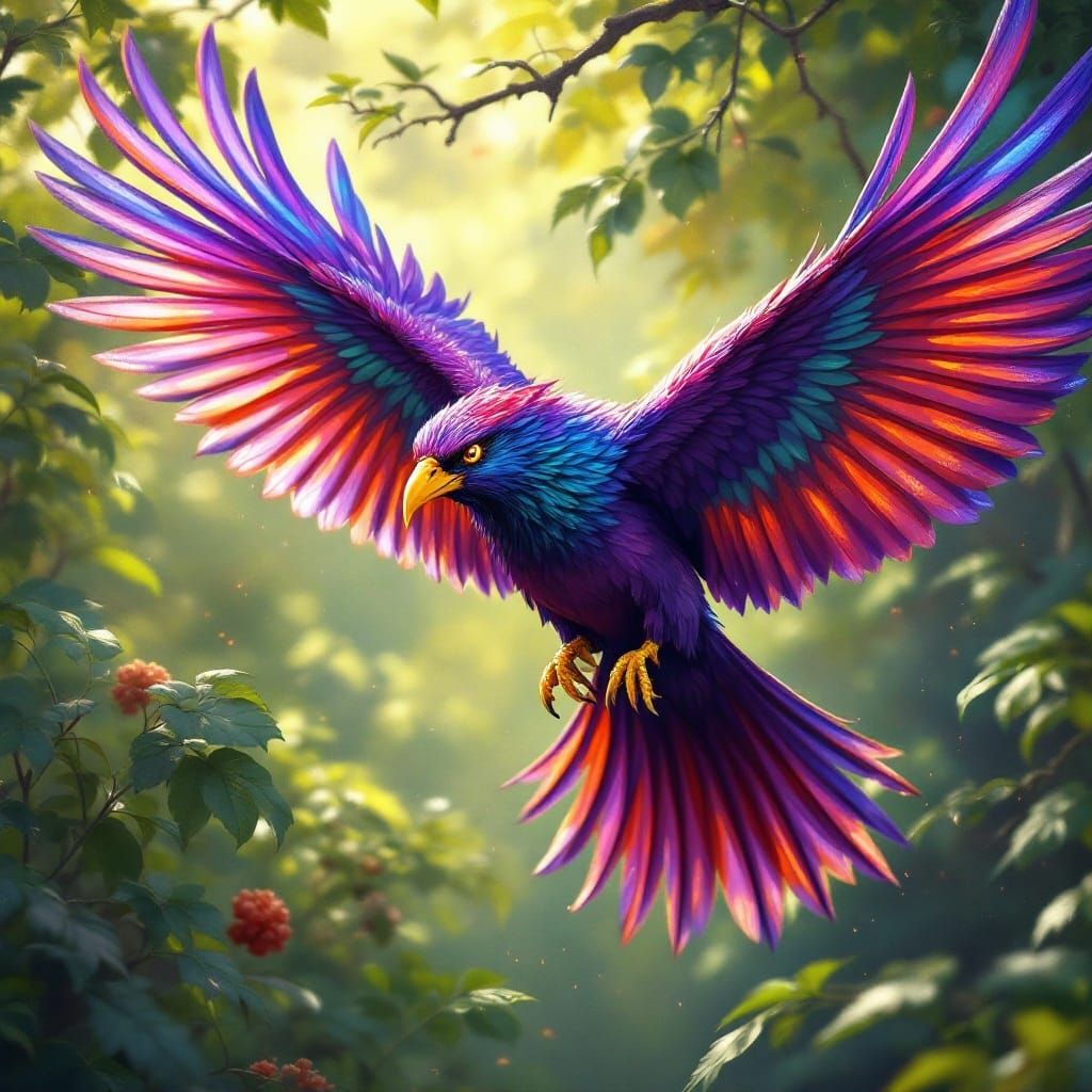 Majestic Multicolored Bird in Flight: Vibrant Oil Painting