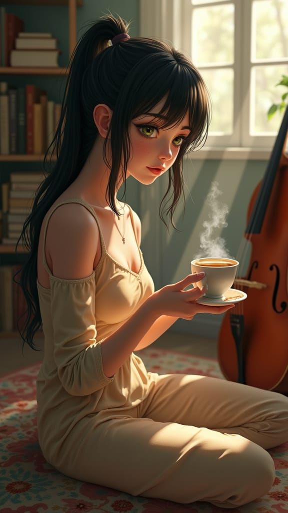 Woman with Coffee: Hyperrealistic Digital Art