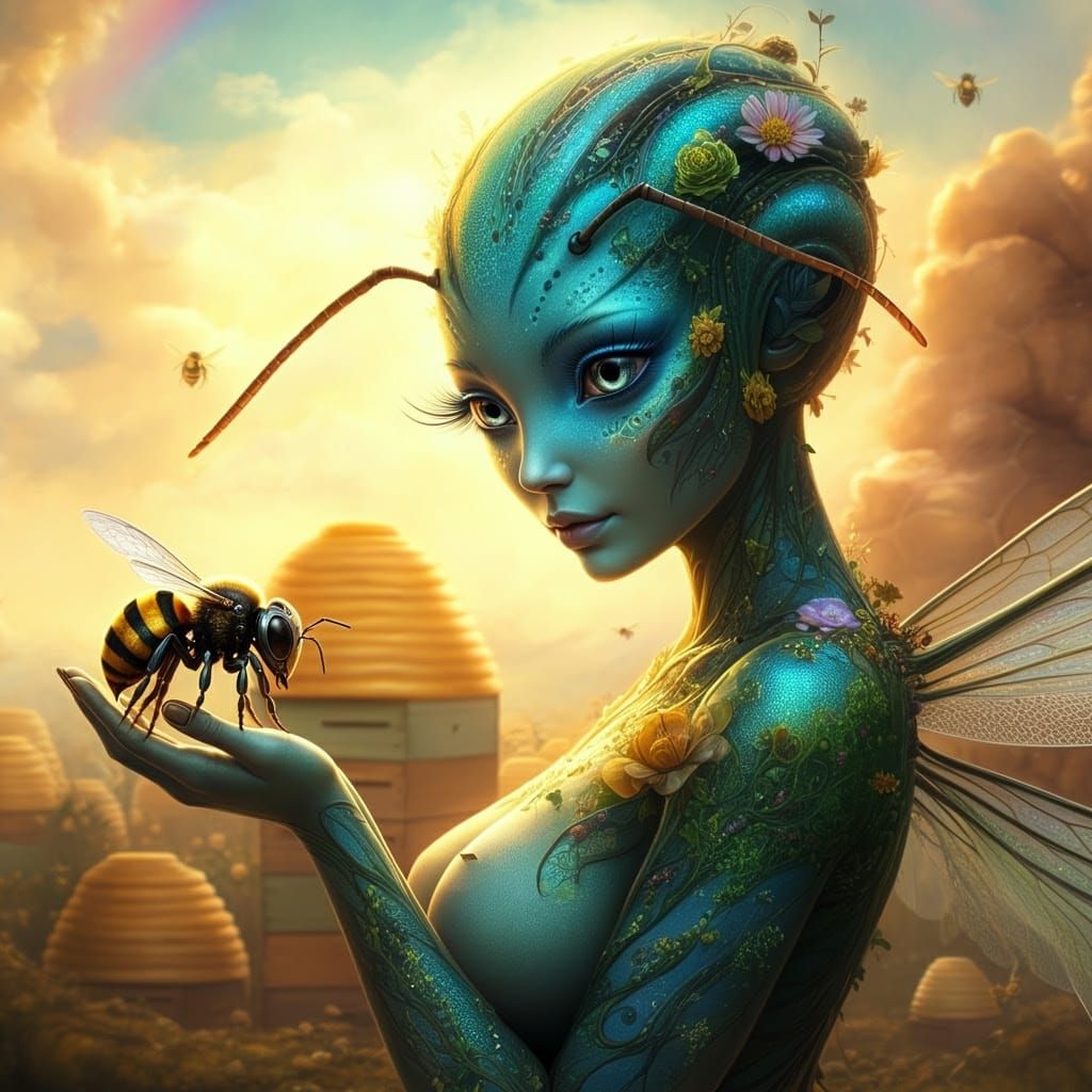 Ethereal Alien Queen in Vibrant Hive Ecosystem