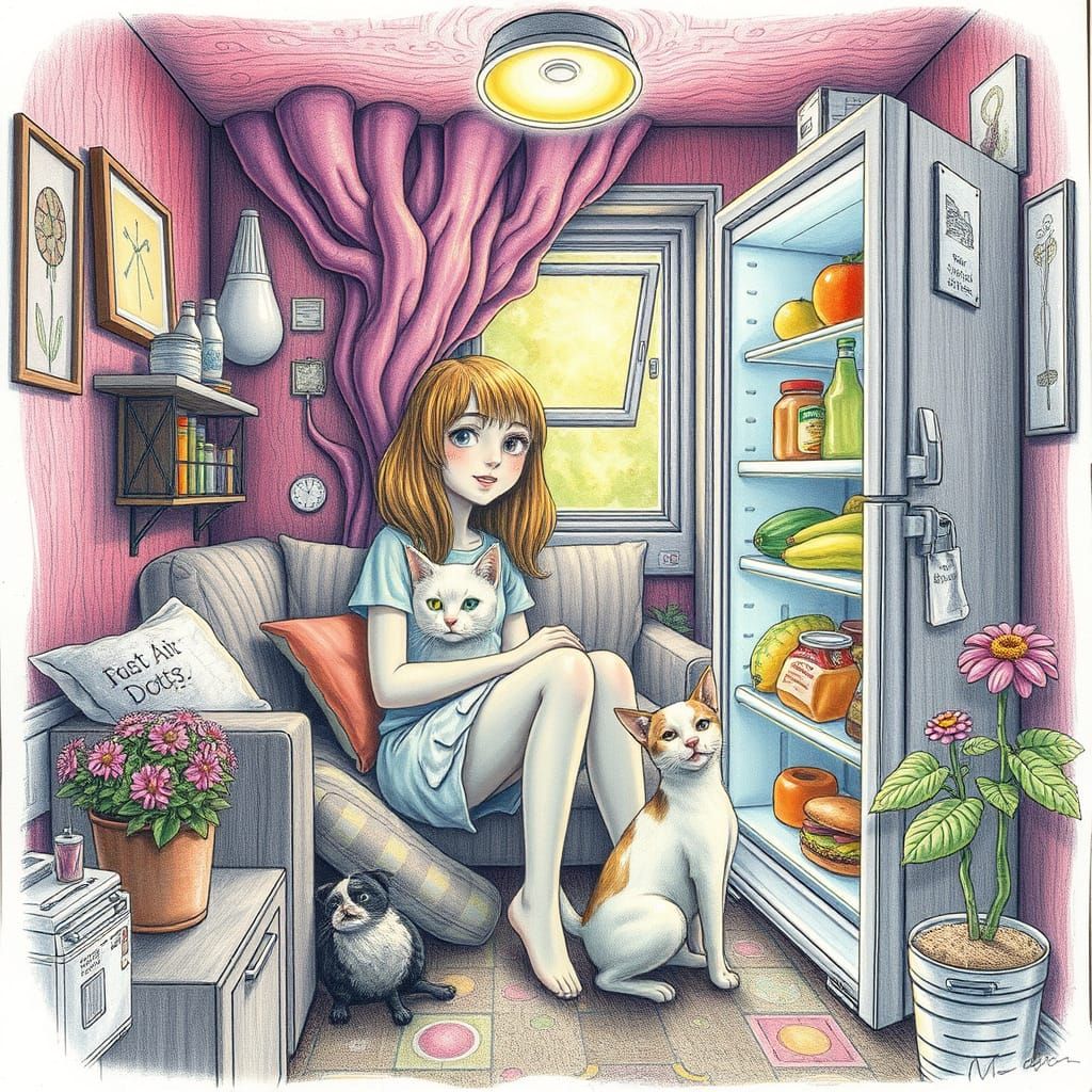 Cozy Sci-Fi Surrealism: Girl and Pets in Fungal Union