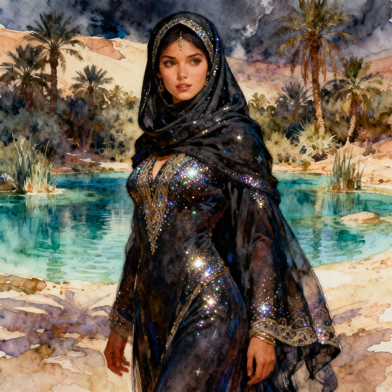 Close up Digital painting woman wearing hijab at the oasis.....