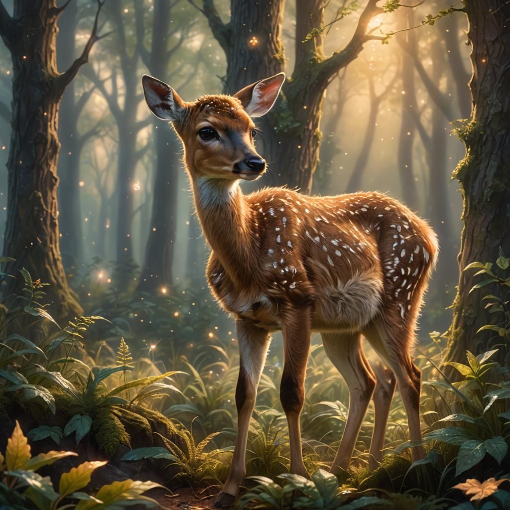 Orphaned Fawn Gazing at Stars in Ethereal Light