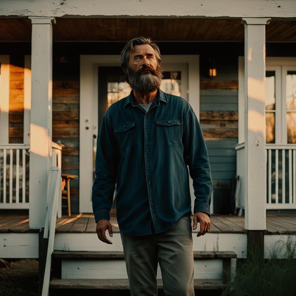 Bearded Man on Porch in Warm Oil Painting Style
