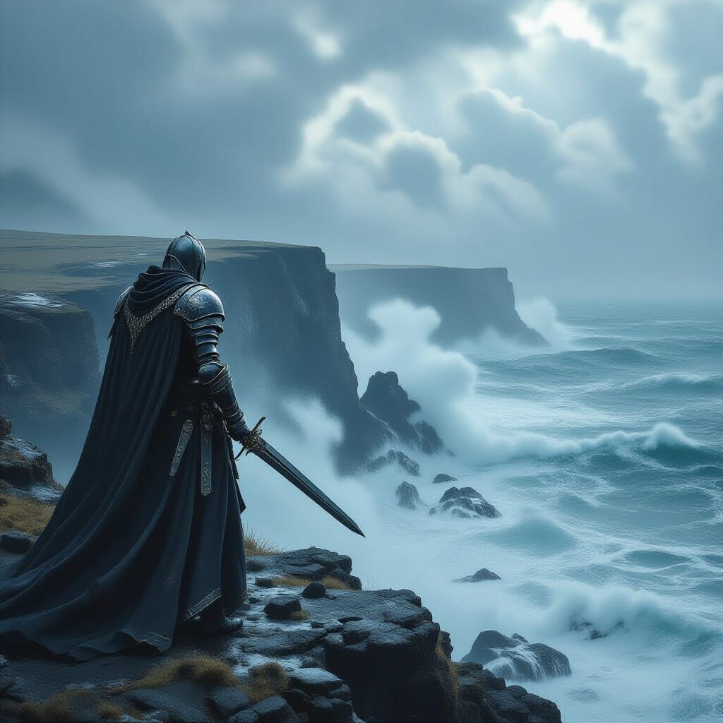 Solitary Knight on Windswept Cliff, Dark Fantasy Style