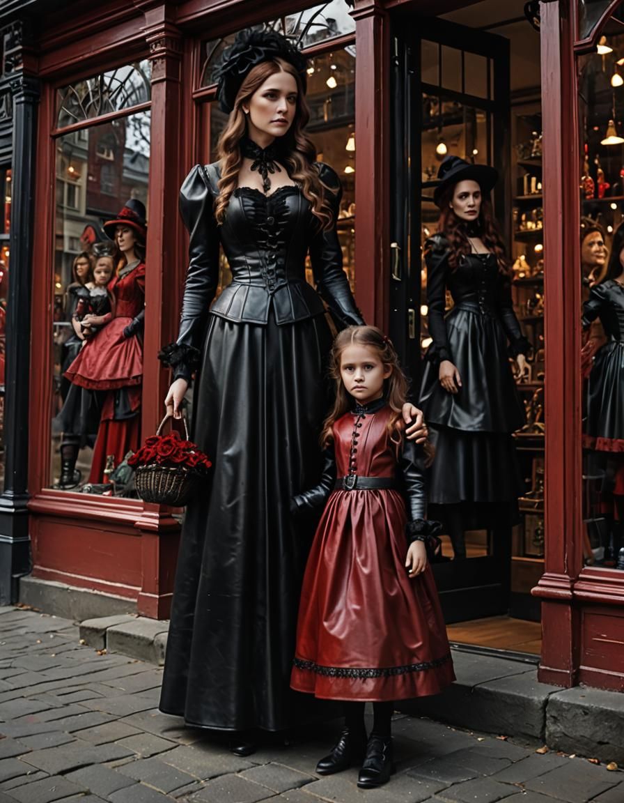 Victorian Mother and Daughter in Leather Dresses