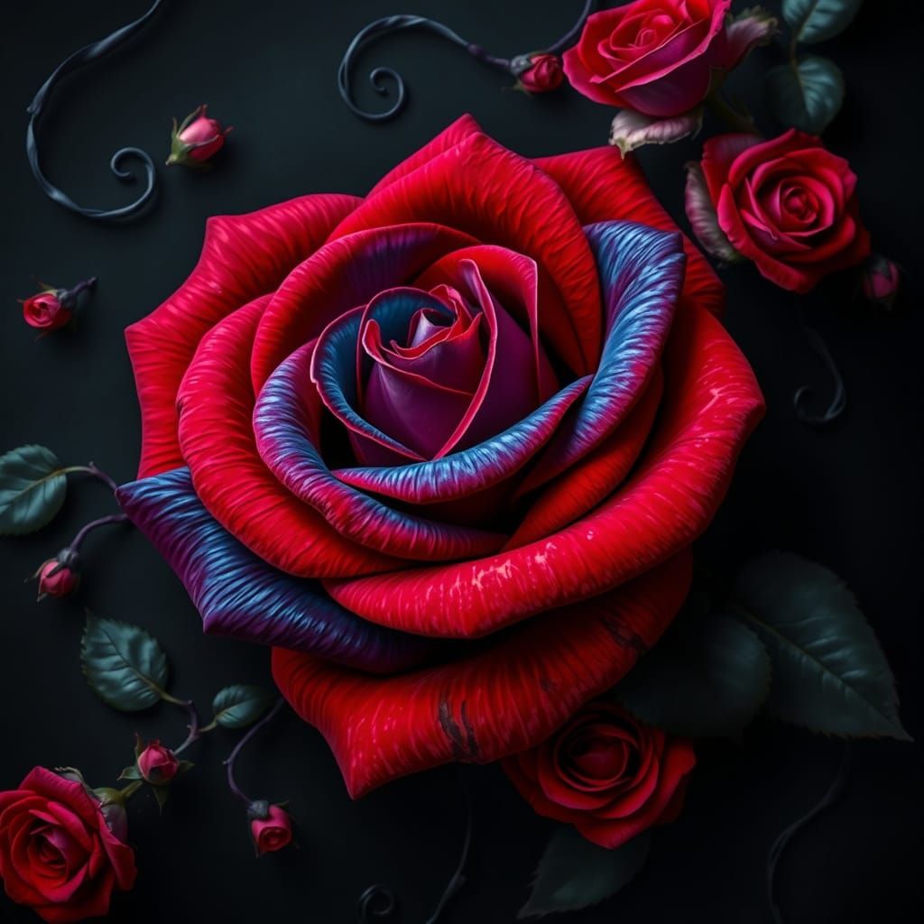 Vibrant Rose Blooms in Mystical Dark Vines