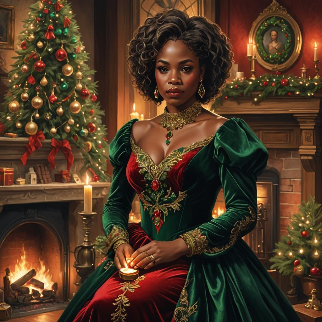 Beautiful Black Woman in Red and Green Velvet Gown by Christ...