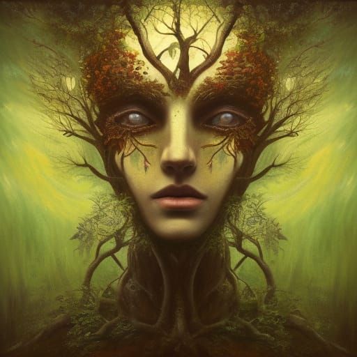 Feminine Ent Greenman Portrait in Oil Painting Style