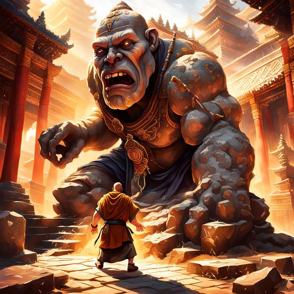 Monk Battles Stone Golem in Hyperrealistic Temple Art