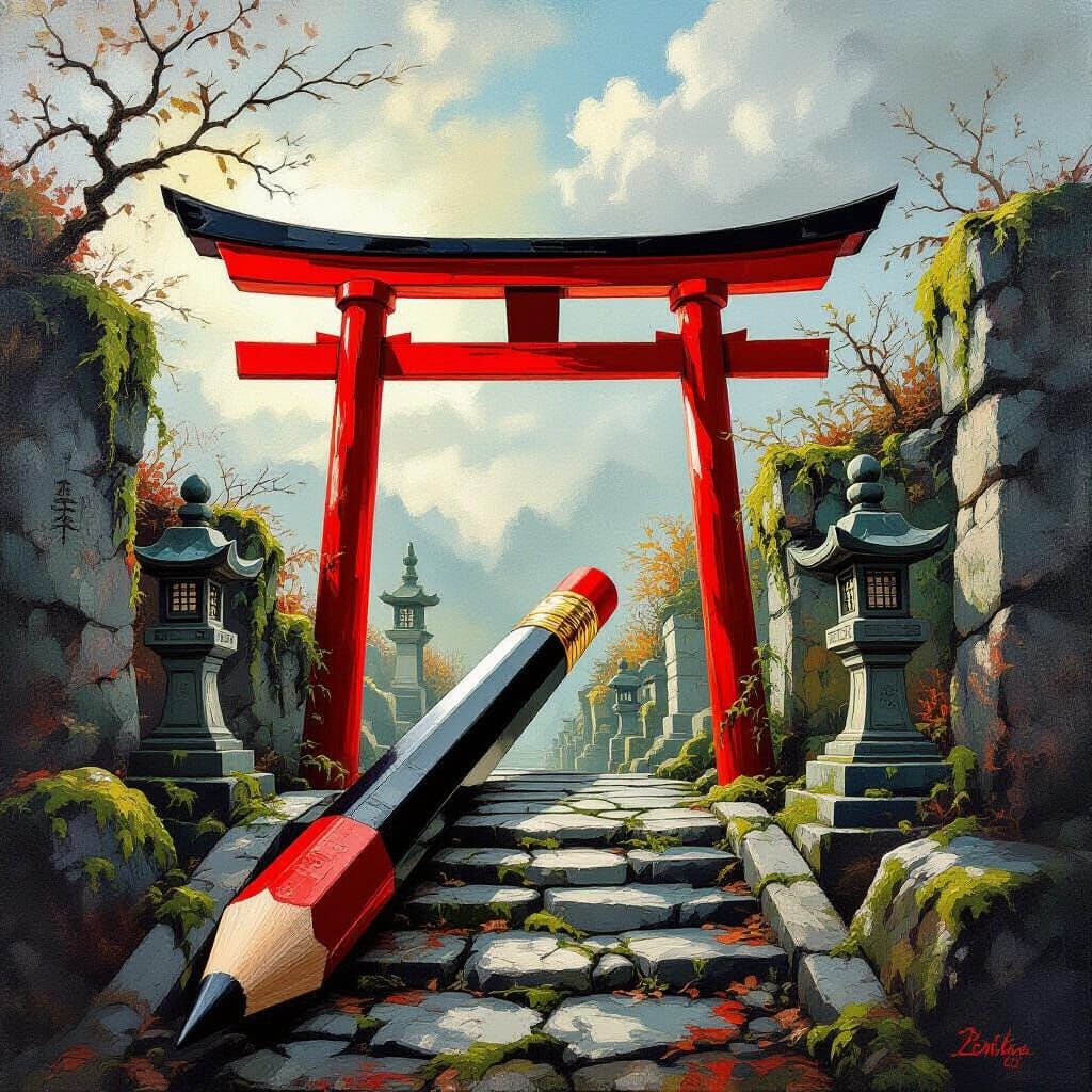 Vibrant Torii Gate Emerges From Giant Pencil in Ruined Lands...